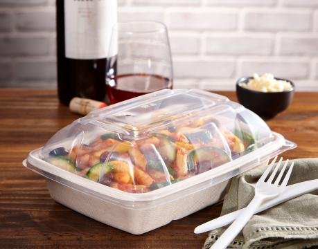 30 oz. White Compostable Rectangular Food Takeout Container w/ Heat Resistant Lid 1/300ct - Image 2
